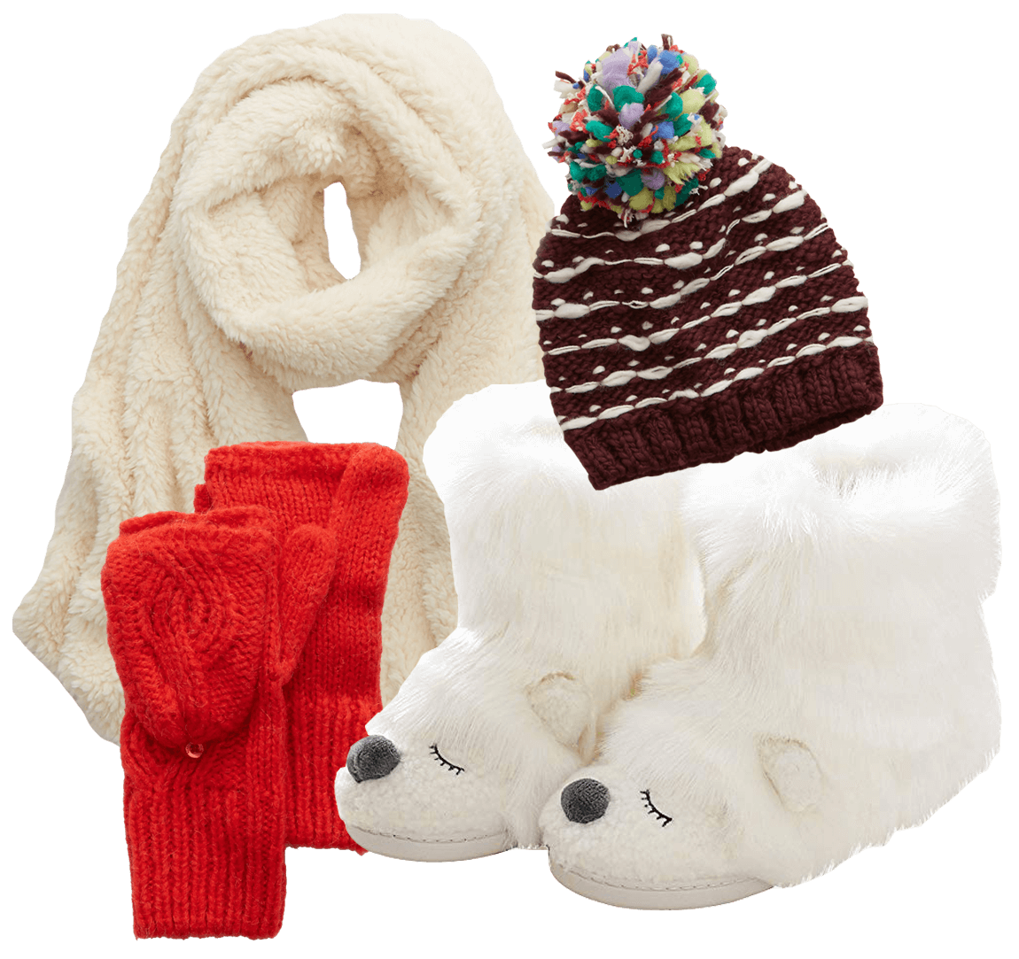 scarf, hat, mittens, slippers